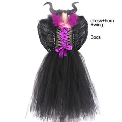 Kids Maleficent Evil Queen Girls Halloween Fancy Tutu Dress Costume Children Christening Dress Up Black Gown Villain Clothes