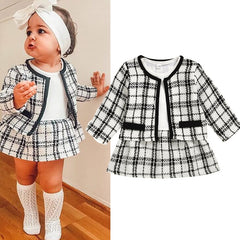 New Fashion Baby Girls Clothes Girls Dresses Kids Plaid Jacket Clothes Girls Ruffle Outfits Birthday Party Plaid Coat Tops+Dress