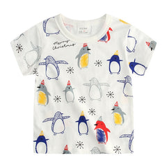 Summer Kids Boys T Shirt Cartoon Full Penguin Print Short Sleeve Baby Girls Clothes Cotton Children T-shirts O-neck Tee Tops