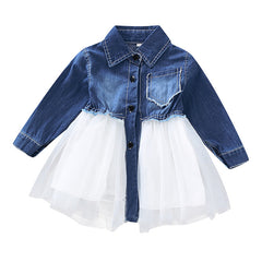 Kid Girls Long Sleeve Tulle Princess Denim Dress Baby Girl Summer Clothes Lace Splicing Tutu Dresses Party Turn-Down Collar Robe