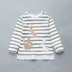 Cielarko Girls Long Sleeve T shirts Cotton Rabbit Striped Lace Kids Cartoon T-Shirts Children Spring Casual Sweatshirt Clothes