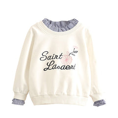 2018 Spring Autumn 3-11 12 Years Child Teenage Hoodies Crew-Neck Letter Print Kids Baby Girl Patchwork Fake 2 Pcs Sweatershirts