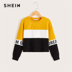 SHEIN Kiddie Girls Multicolor Letter Print Cut-And-Sew Sweatshirt Kids Tops 2019 Autumn Long Sleeve Colorblock Casual Pullovers