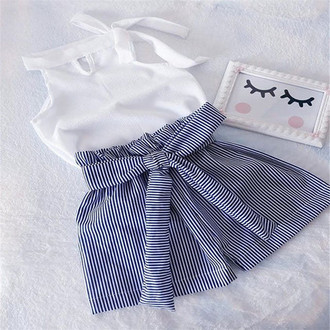2019 New Toddler Kids Baby Girls sleeveless Halter White Tops and Striped Shorts Pants 2Pcs Sets Clothes