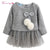 2017 Girls Dress Autumn Long Sleeve Patchwork Plush Ball Bow Tulle Dresses Kids Clothes