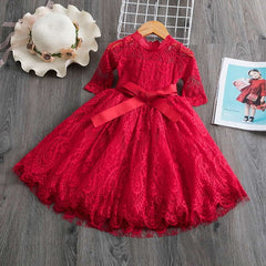 Elegant Flower Girls Dress Wedding Party Princess Dress Casual Kids Clothes Lace Long Sleeves Dress Children's Vestidos For 3-8T