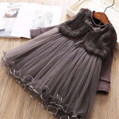 Cute Princess Lace Dress for Autumn Children Wedding Party vestidos Clothes Fur Kids Dresses for Girls Winter Ball-Gown Clothing