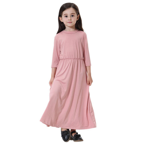 Toddler Kids Children Muslim Girls Solid Long Sleeve Dress Casual Long Dess 8-14 years Fashion Islamic Girl Muslim Dresses 11.19
