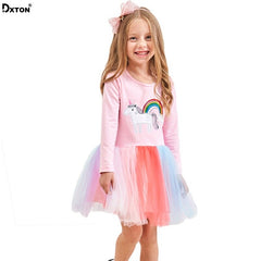 Dxton Children Long Sleeve Dress Unicorn Kids Dess For Girl Cartoon Kids Vestdios Rainbow Appliques Princess Dress Girls LH4571