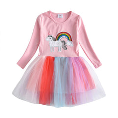 Dxton Children Long Sleeve Dress Unicorn Kids Dess For Girl Cartoon Kids Vestdios Rainbow Appliques Princess Dress Girls LH4571