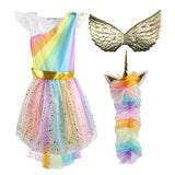 Girls Cosplay Costume for Girl Unicorn Dress Up Kids Summer Rainbow Sequin Party Dress Girls Pageant Dress with Wing Headband