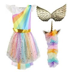 Girls Cosplay Costume for Girl Unicorn Dress Up Kids Summer Rainbow Sequin Party Dress Girls Pageant Dress with Wing Headband